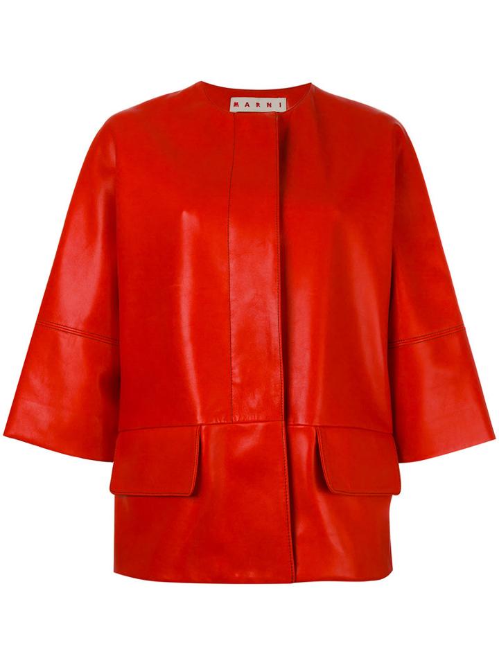 Marni Three-quarter Sleeve Leather Jacket, Women's, Size: 44, Red, Lamb Skin/silk
