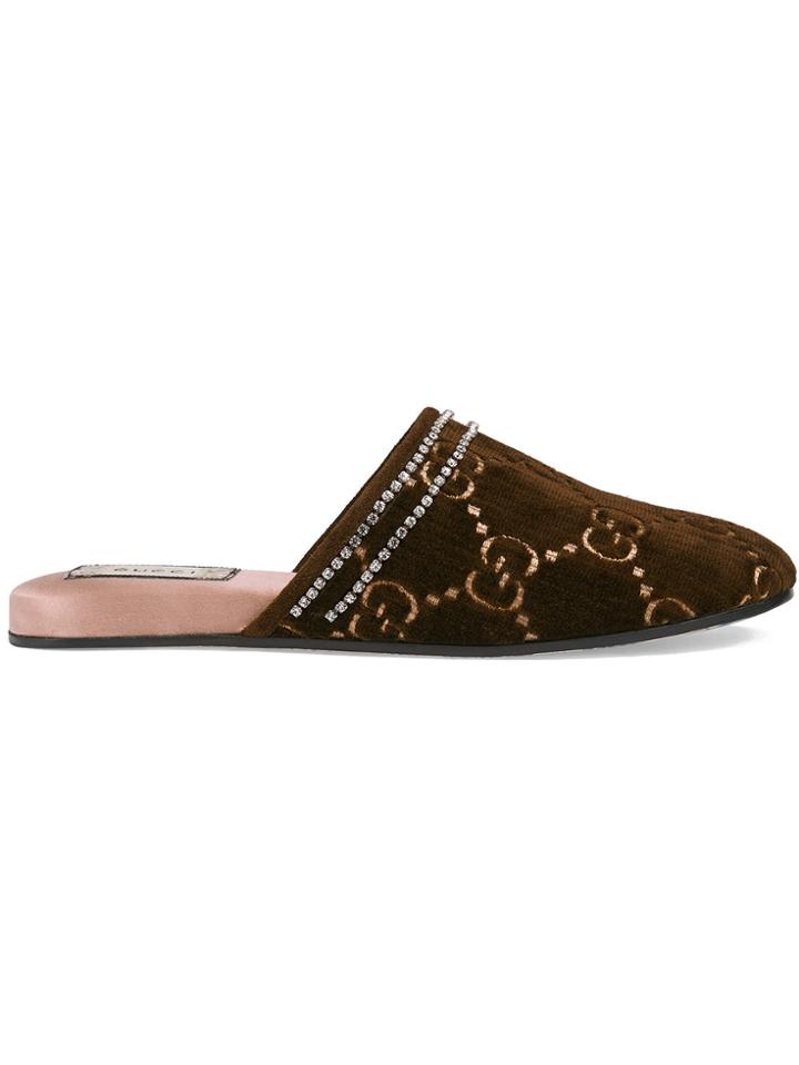 Gucci Gg Velvet Slippers - Brown