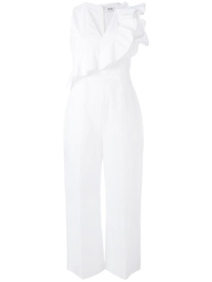 Msgm - V-neck Ruffle Jumpsuit - Women - Cotton - 42, White, Cotton