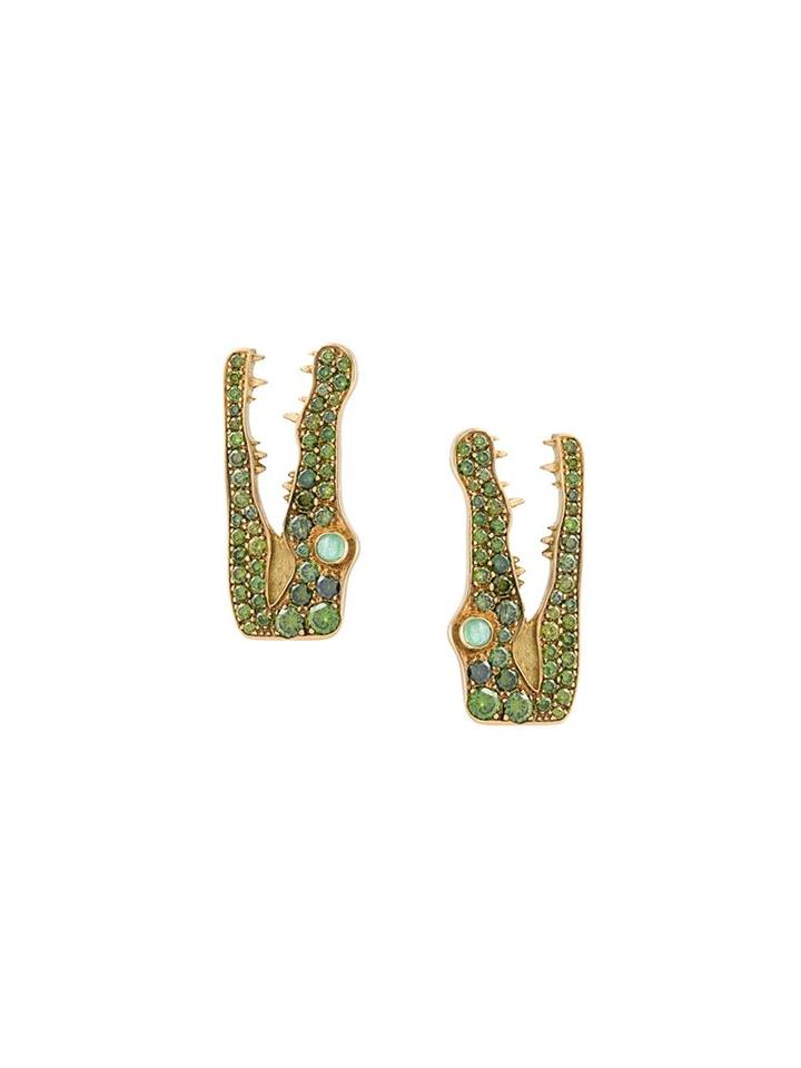 Marc Alary Pavé Diamonds Crocodile Earrings, Women's, Metallic, Diamond/18kt Gold/emerald