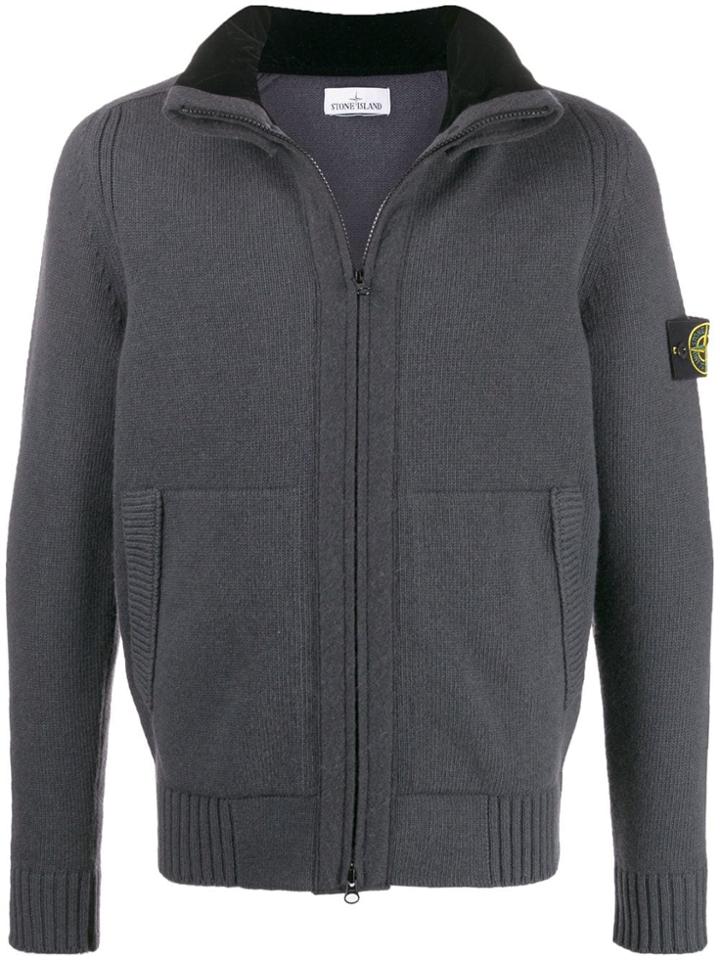 Stone Island Logo Patch Zip Up Cardigan - Grey