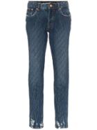 Filles A Papa Raw Hem Crystal Embellished Slim Leg Denim Jeans - Blue