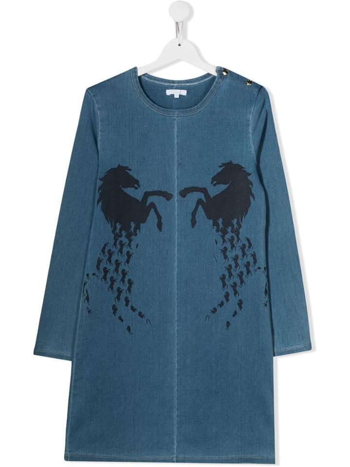 Chloé Kids Teen Horse Print Denim Dress - Blue