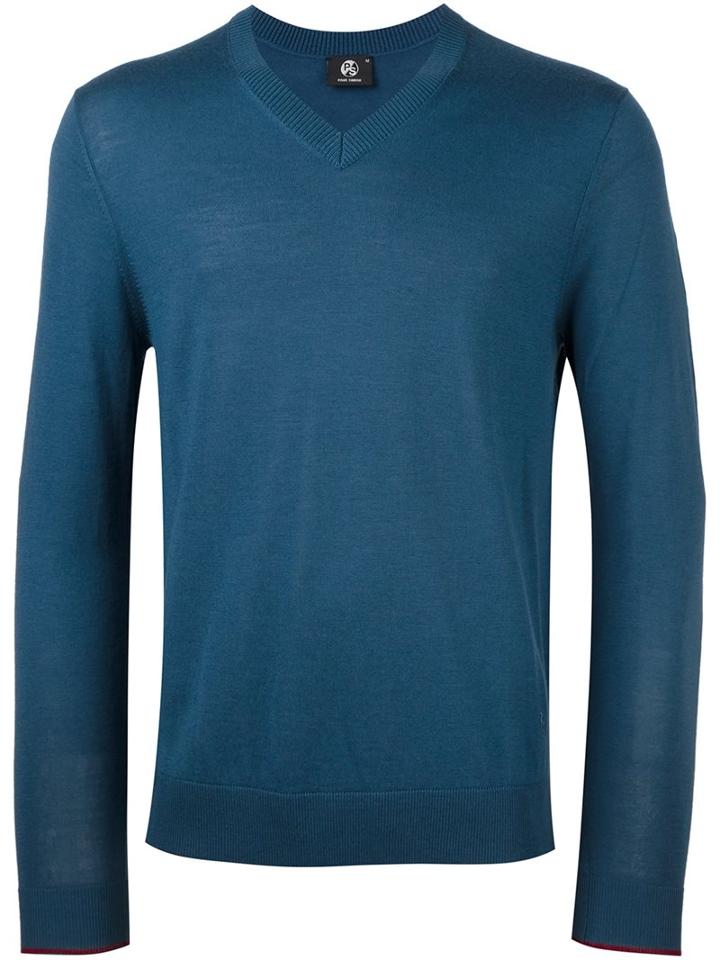 Ps By Paul Smith V Neck Fine Knit Jumper, Men's, Size: Large, Blue, Merino