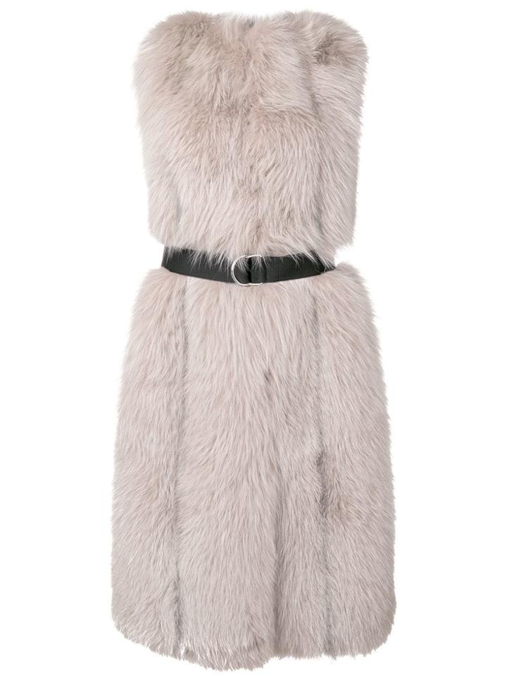 Blancha Belted Long Fur Gilet - Nude & Neutrals