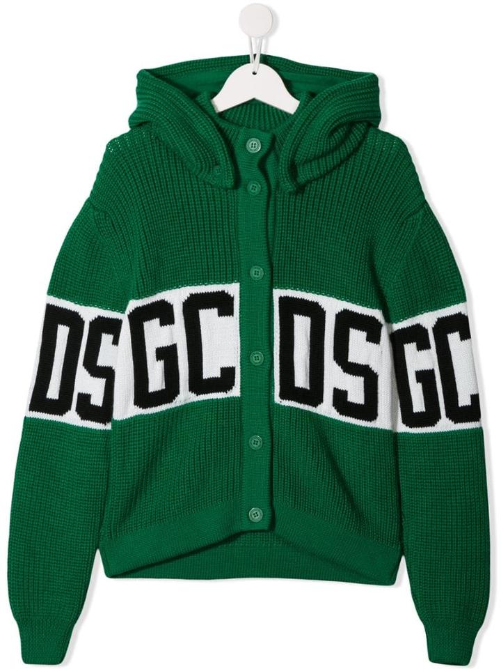 Gcds Kids Teen Hooded Logo Cardigan - Green