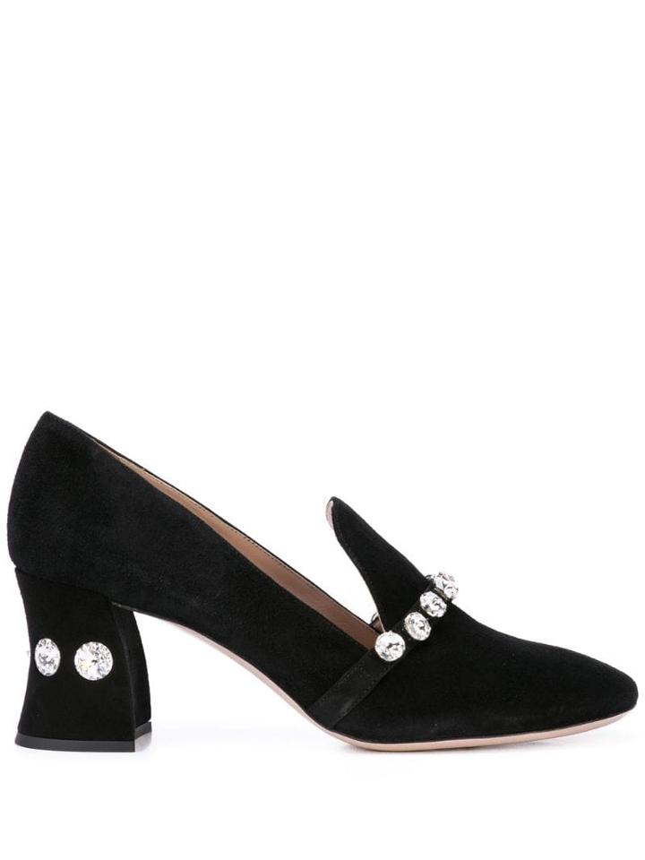 Miu Miu Rhinestone Embellished Loafer Pumps - Black