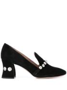 Miu Miu Rhinestone Embellished Loafer Pumps - Black