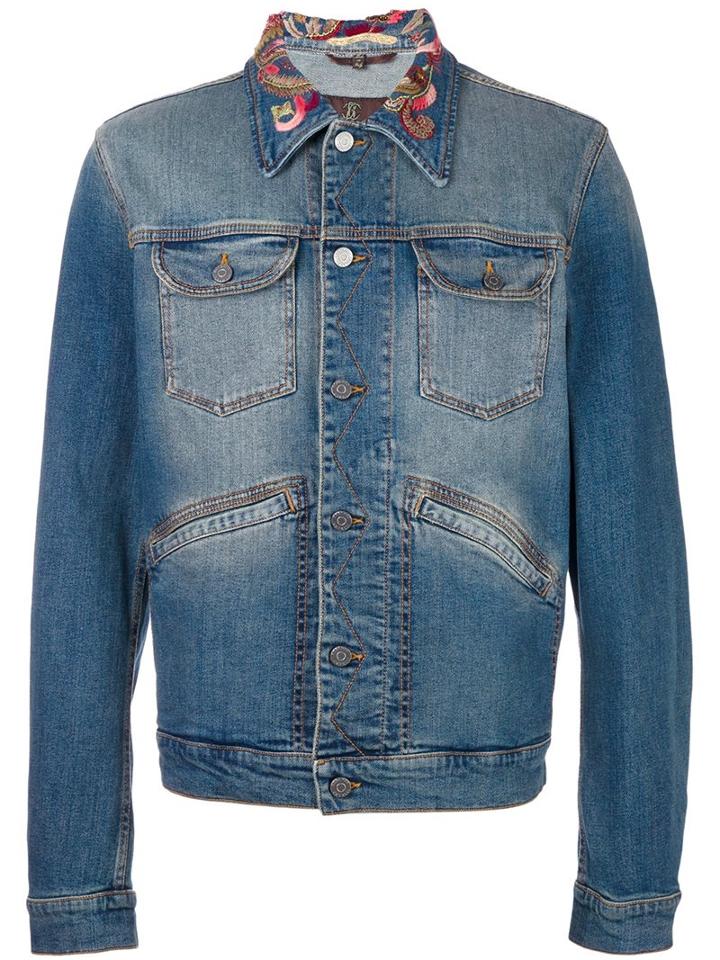Roberto Cavalli Embroidered Collar Denim Jacket, Men's, Size: 52, Blue, Cotton/spandex/elastane