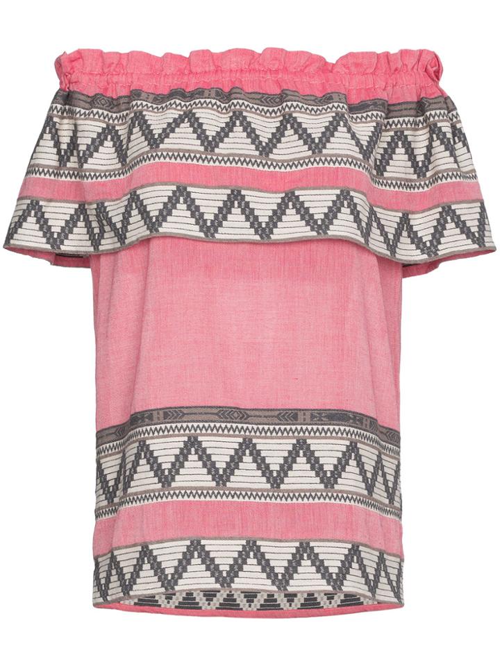 Celia Dragouni Off-shoulder Zig Zag Embroidered Short Sleeve Top
