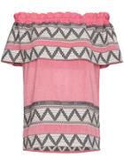 Celia Dragouni Off-shoulder Zig Zag Embroidered Short Sleeve Top