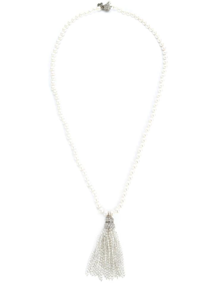 Oscar De La Renta Bead Fringe Tassel Necklace - White