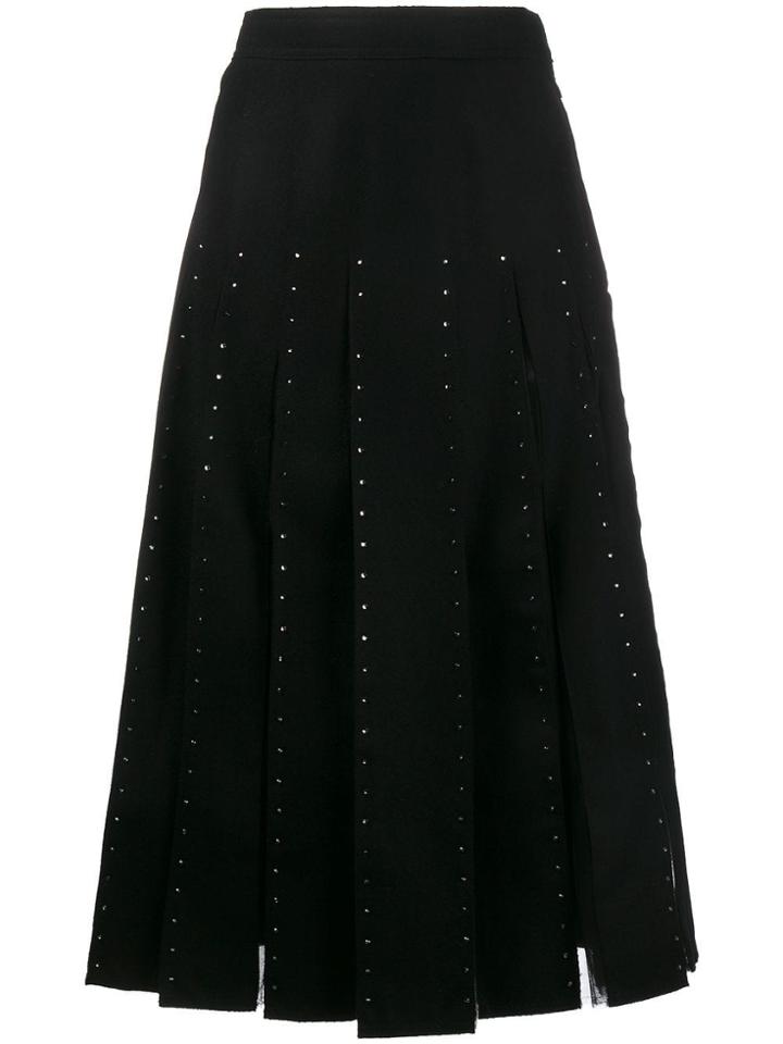 Valentino Crystal Embellished Pleated Virgin Wool Skirt - Black
