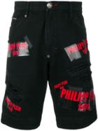 Philipp Plein Multi Logo Denim Shorts - Black