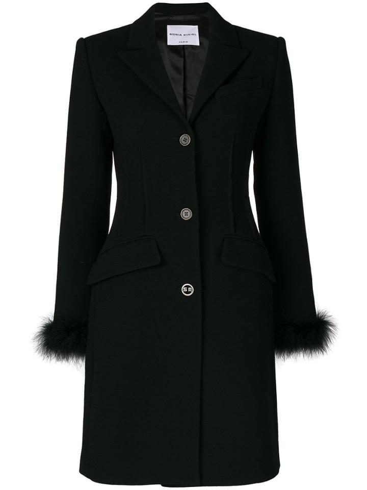 Sonia Rykiel Feather Trim Button Coat - Black