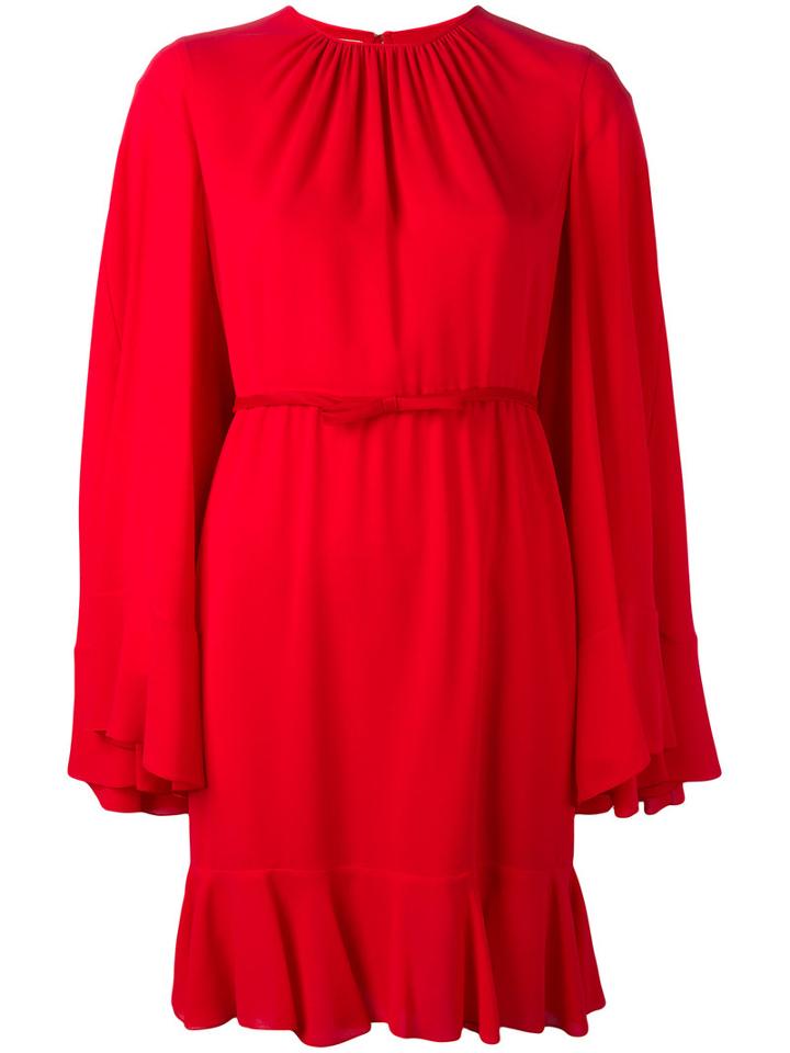 Giambattista Valli - Gathered Neck Belted Dress - Women - Silk/cotton/viscose - 42, Red, Silk/cotton/viscose