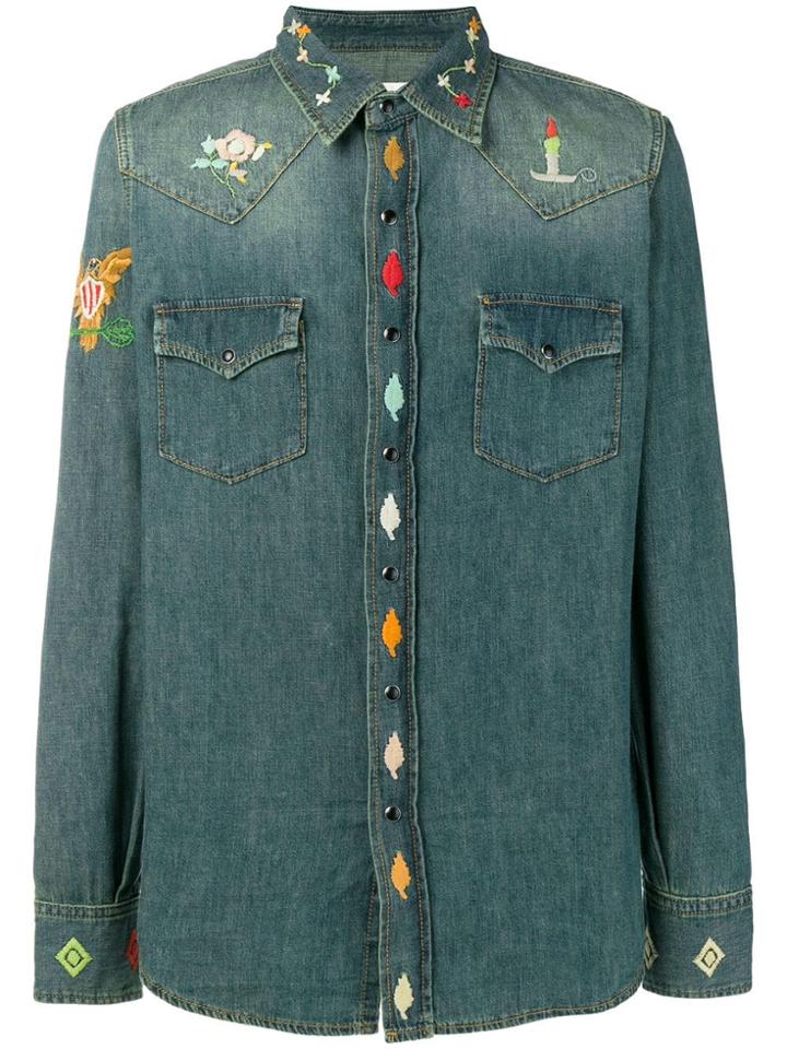 Saint Laurent Embroidered Denim Fitted Shirt - Blue