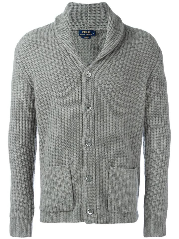 Polo Ralph Lauren Front Pockets Ribbed Detail Cardigan, Men's, Size: Medium, Grey, Cashmere