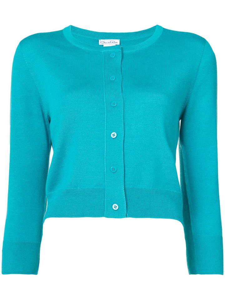 Oscar De La Renta - Cropped Sleeve Cardigan - Women - Silk/virgin Wool - L, Blue, Silk/virgin Wool