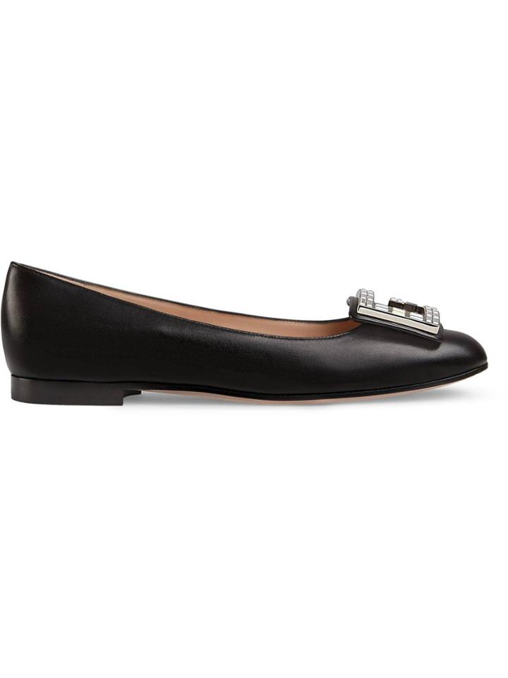 Gucci Leather Ballet Flat With Crystal G - Black