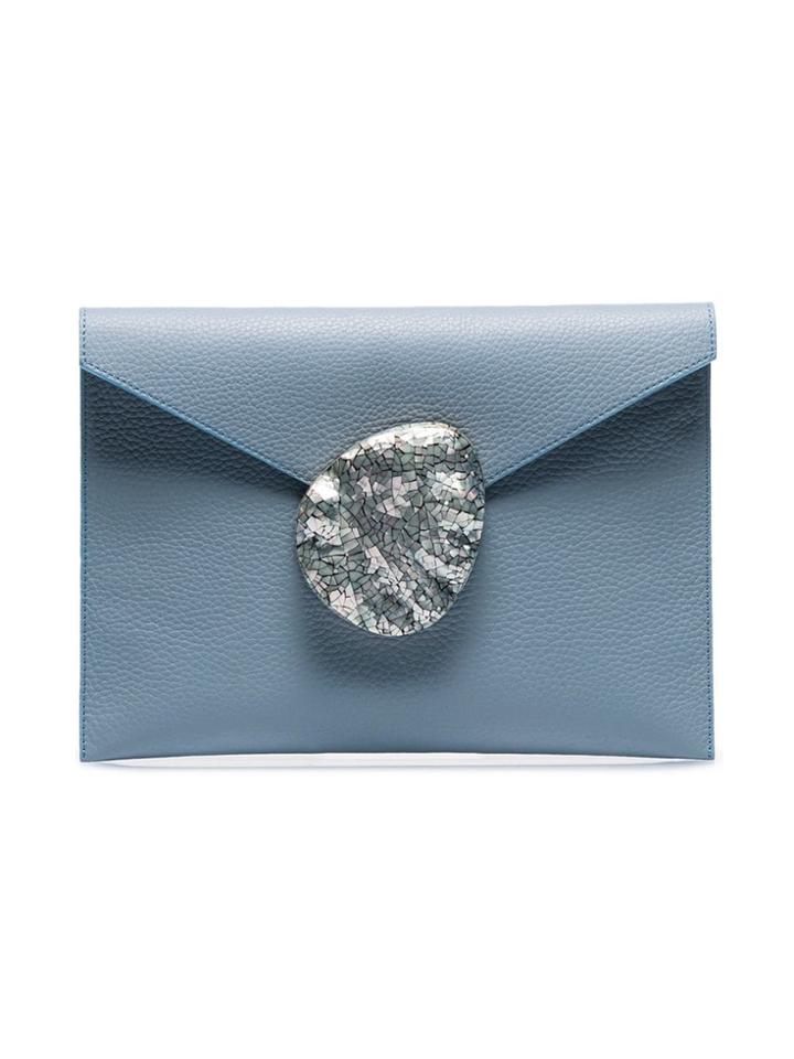 Nathalie Trad Blue Rene Shell Clasp Fold Over Leather Clutch