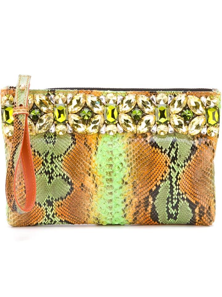 Gedebe Embellished Python Effect Clutch