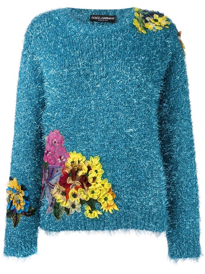 Dolce & Gabbana Floral Appliqué Tinsel Jumper, Women's, Size: 40, Blue, Silk/polyamide/polyester