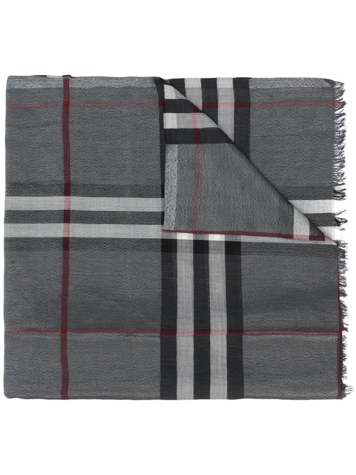 Burberry Metallic Check Silk And Wool Scarf - Grey