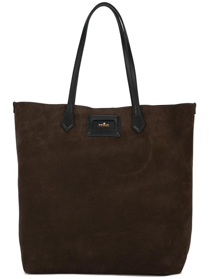 Hogan Logo Plaque Tote, Women's, Brown, Leather/suede