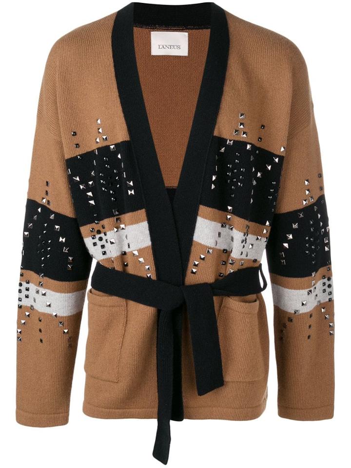 Laneus Colour-block Studded Cardigan - Brown