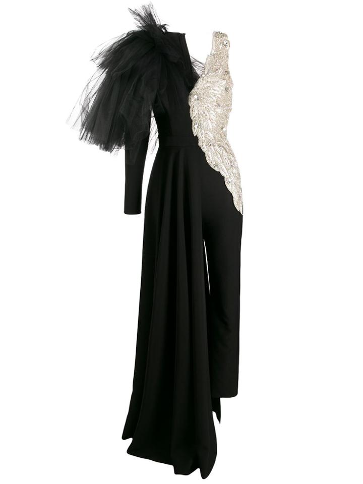 Loulou Two Tone Tulle Sequinned Jumpsuit - Black