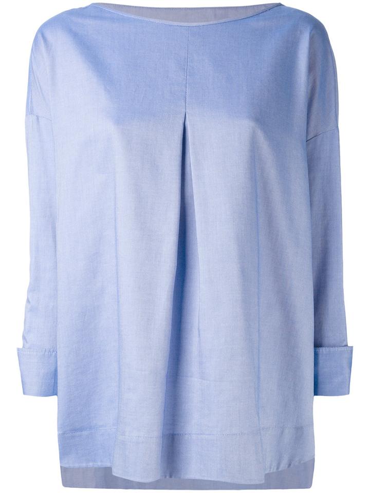 Piazza Sempione - Chambray Pleated Front Top - Women - Cotton - 46, Blue, Cotton