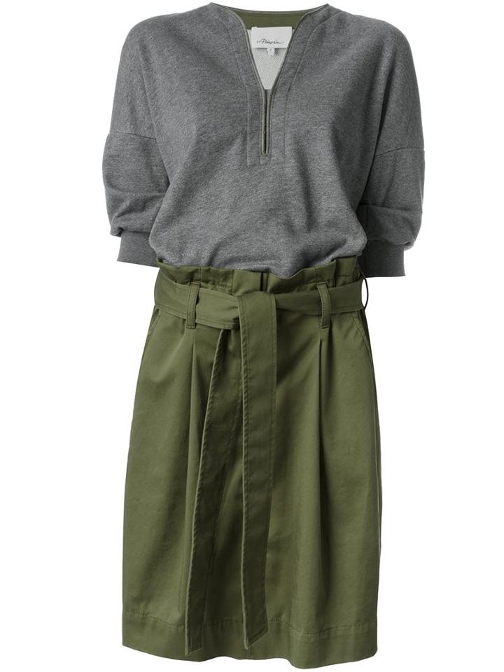 3.1 Phillip Lim Belted Combo Utility Dress, Women's, Size: 4, Green, Cotton/silk