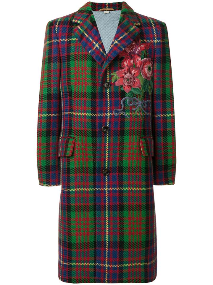 Gucci Floral Embroidered Checked Coat - Multicolour