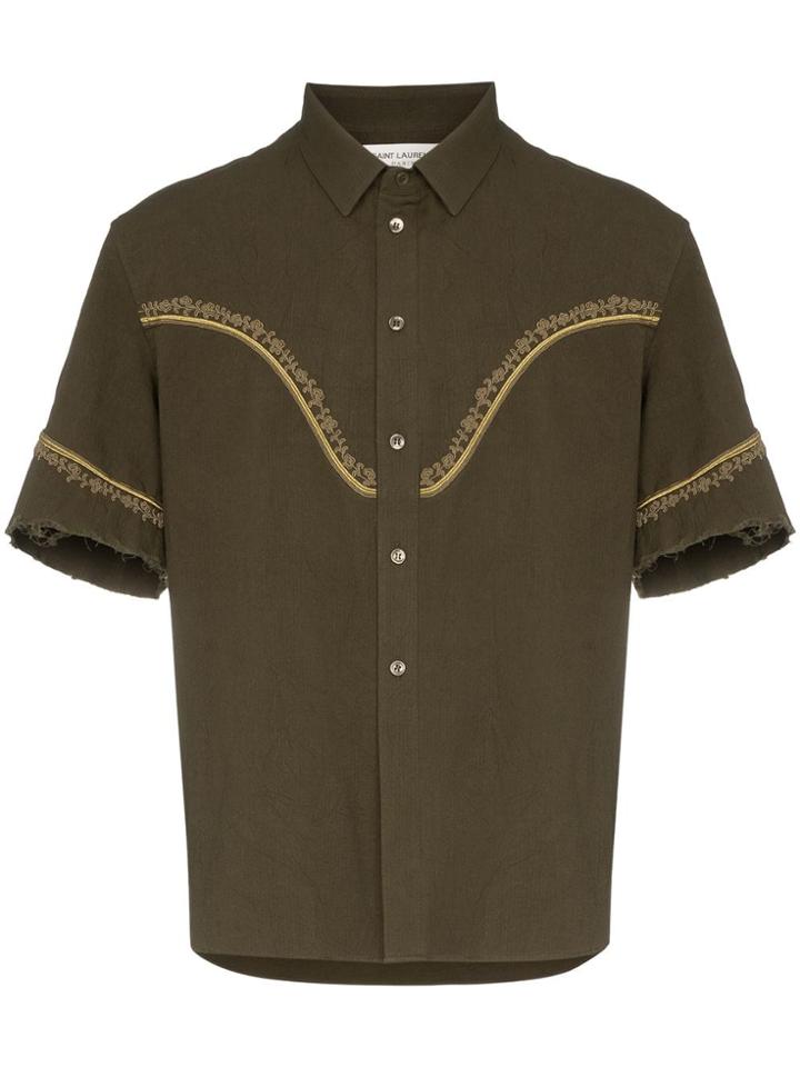 Saint Laurent Flower Embroidery Western Shirt - Green