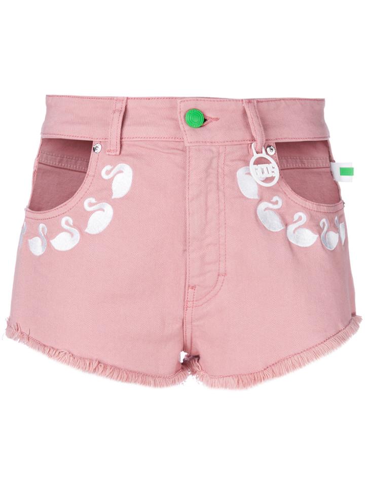 Gcds Embroidered Flamingos Denim Shorts - Pink & Purple