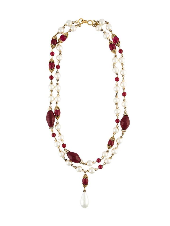 Chanel Vintage Faux Pearl Sautoir Drop Necklace - Red