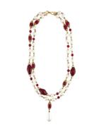 Chanel Vintage Faux Pearl Sautoir Drop Necklace - Red
