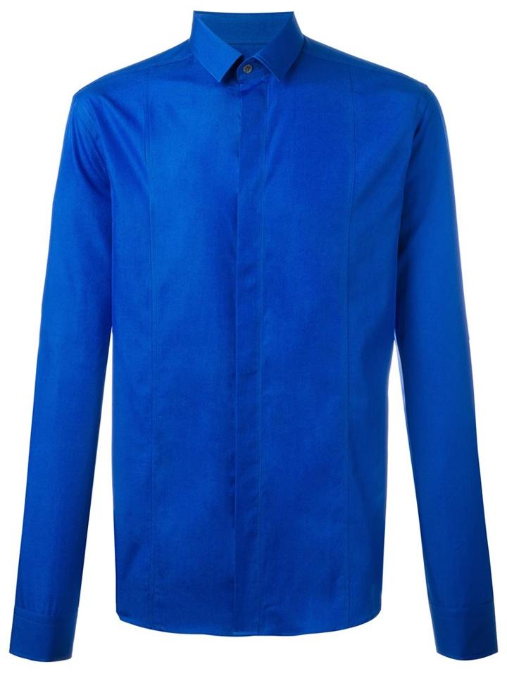 Les Hommes Concealed Fastening Shirt, Men's, Size: 46, Blue, Cotton/spandex/elastane