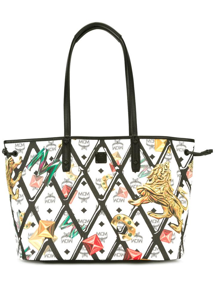 Mcm Logo Print Tote, Women's, White, Leather/cotton