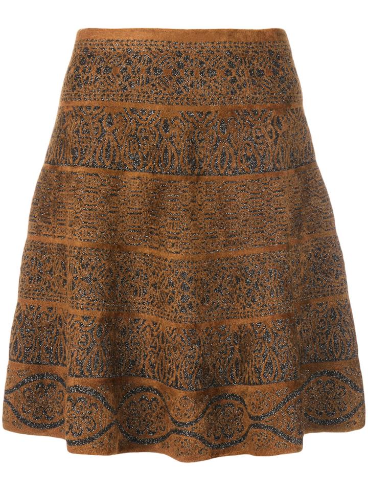 D.exterior Patterned Flare Skirt - Brown