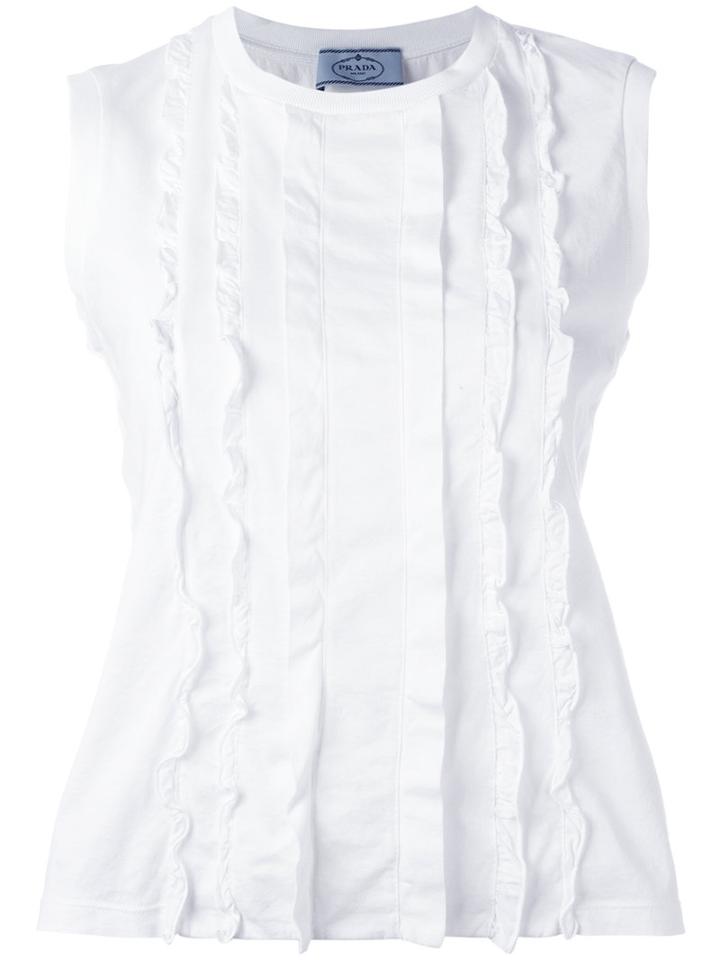 Prada Sleeveless Top With Frilled Front Detail, Women's, Size: Small, White, Cotton