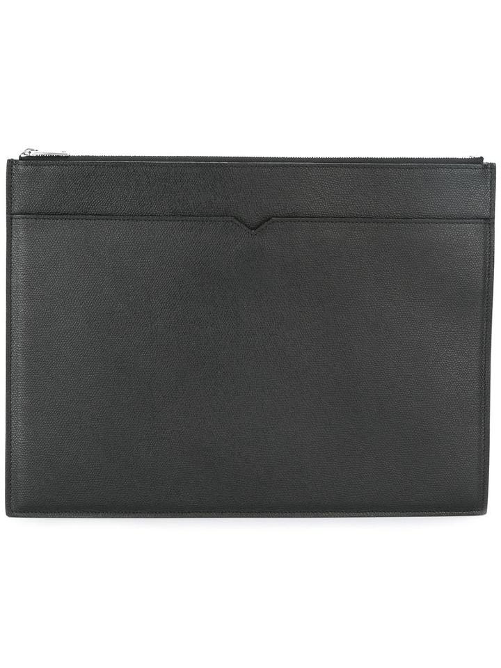 Valextra Top Zip Flat Clutch, Men's, Black, Calf Leather