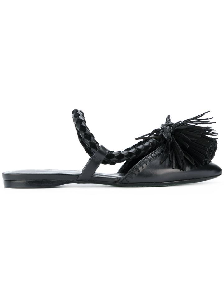 Carven Weave Strap Fringed Front Ballerinas - Black