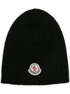 Moncler Logo Beanie Hat, Men's, Black, Virgin Wool