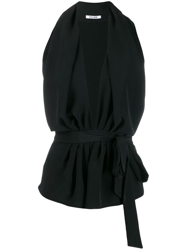 Styland Bow Tied Plunge Halterneck Top - Black