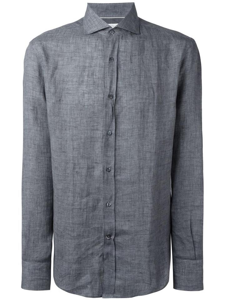 Brunello Cucinelli Plain Shirt, Men's, Size: Small, Grey, Linen/flax/cotton