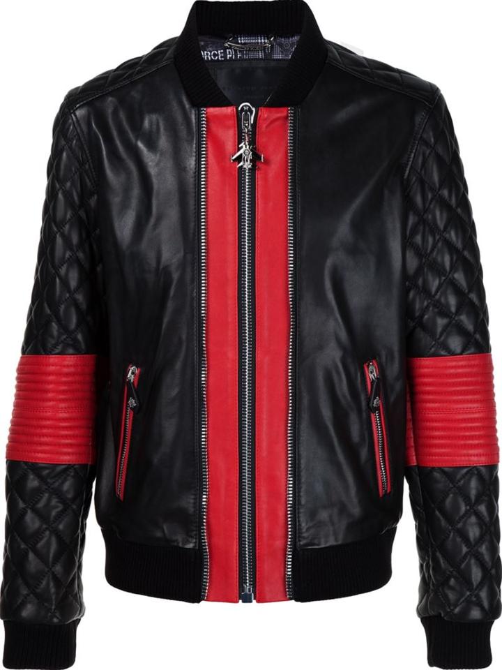Philipp Plein Leather Quilted Sleeve Bomber, Men's, Size: Large, Black, Lamb Skin/acrylic/polyester/wool