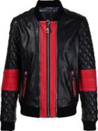 Philipp Plein Leather Quilted Sleeve Bomber, Men's, Size: Large, Black, Lamb Skin/acrylic/polyester/wool