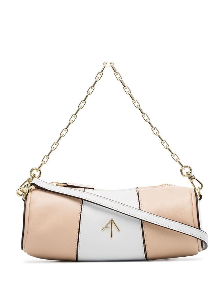 Manu Atelier Beige And White Mini Cylinder Leather Shoulder Bag -